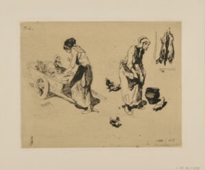 Femme portant un petit enfant posé sur une charrette à bras, femme dans sa basse-cour