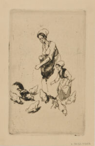 Sketch Plate with Woman Feeding Chickens