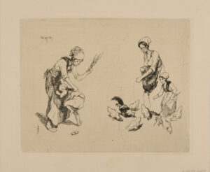Sketches Plate with Woman Beating a Child and Woman Feeding Chickens