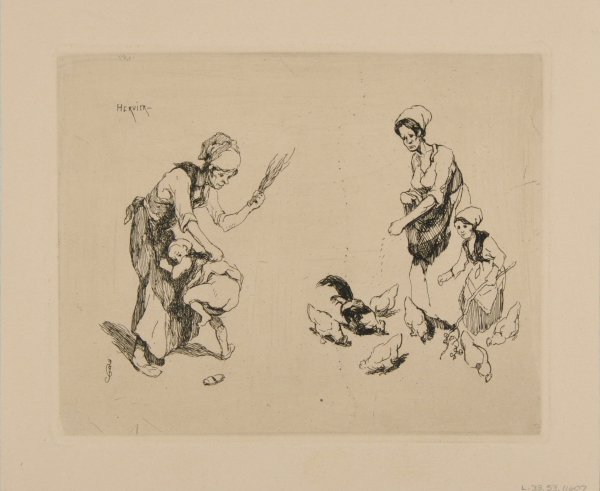 SKETCHES PLATE WITH WOMAN BEATING A CHILD AND WOMAN FEEDING CHICKENS