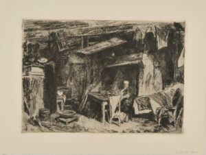 Intérieur de Ferme avec un Paysan assis devant une table, près d’une grande cheminée, une scie est accrochée au plafond