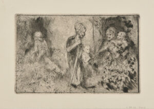 Sketch Plate with Figure Holding a Walking Stick and a Woman Holding a Baby