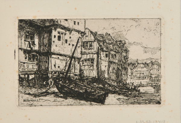 Boats Docked by Houses with Village Bridge in the Background