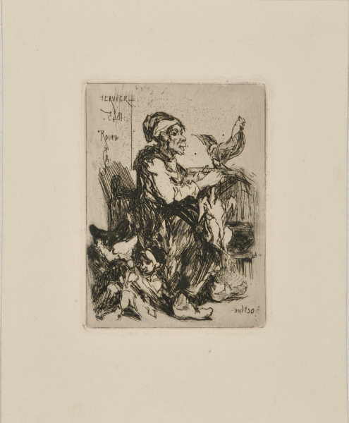 WOMAN SEATED, WITH A CHILD ON THE GROUND AND A ROOSTER ON A TABLE