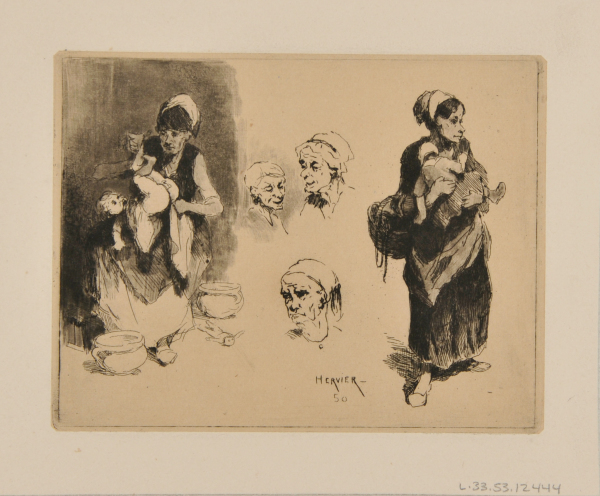 SKETCHES: WOMAN WIPING A BABY, WOMAN CARRYING A BABY, THREE HEADS