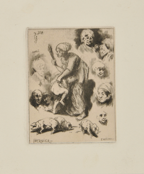 WOMAN BEATING A CHILD, VARIOUS SKETCHES, HEADS, THREE PIGS