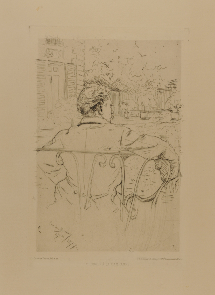 A MAN SEEN FROM BEHIND, LEANING BACK AGAINST A RAILING