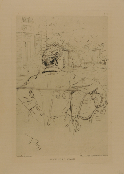 A MAN SEEN FROM BEHIND, LEANING BACK AGAINST A RAILING