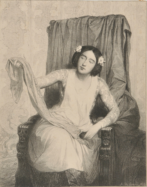 YOUNG WOMAN EMBROIDERING A SCARF