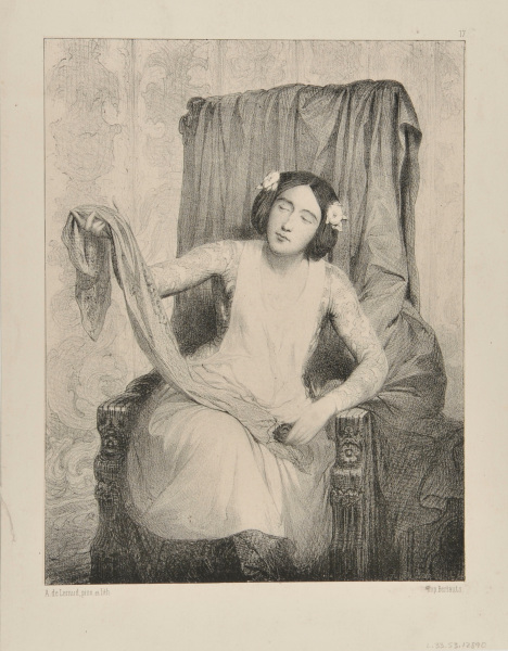 YOUNG WOMAN EMBROIDERING A SCARF