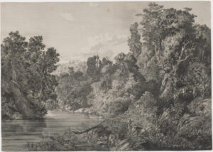 Landscape with Fishing Boat on River, Men Hunting in Woods