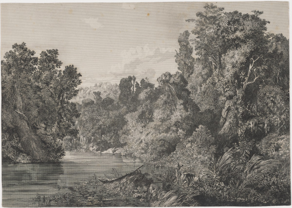 LANDSCAPE WITH FISHING BOAT ON RIVER, MEN HUNTING IN WOODS