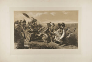 Child with tambourine and turbaned boys pulling a cart with a girl being fanned