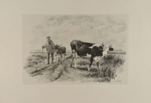 Bearded man with a donkey and cow to the right, near the sea