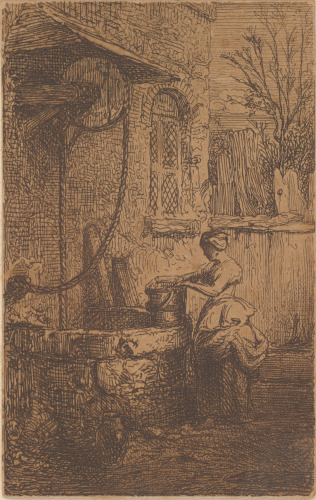 YOUNG WOMAN HOLDING A BUCKET AT THE EDGE OF A WELL