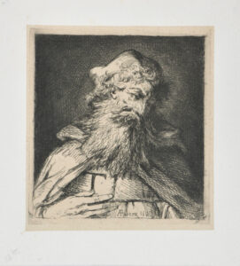 Bust of a man with a long beard, hand on breast