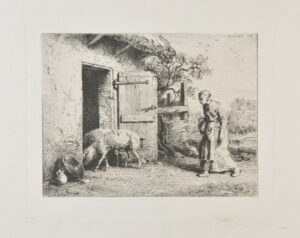 Femme faisant rentrer des porcs dans une porcherie