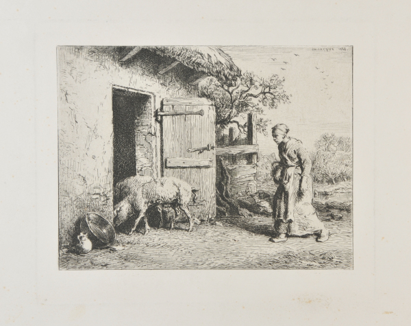 WOMAN RETURNING PIGS TO A STY