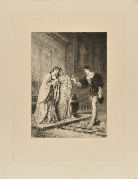 MAN OFFERING A FLOWER TO TWO YOUNG WOMEN
