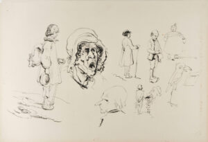 Sheet of sketches: boy with knapsack; old woman with open mouth; bird; etc.