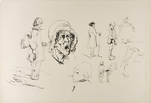 SHEET OF SKETCHES: BOY WITH KNAPSACK; OLD WOMAN WITH OPEN MOUTH; BIRD; ETC.