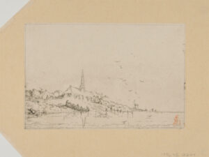 Village avec église au bord de la mer