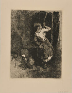 Woman Drawing Water from a Well, with a Child nearby