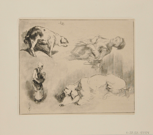 FOUR SKETCHES: WOMAN WITH A BASKET ON HER ARM, WOMAN WITH A CHILD, TWO PIGS