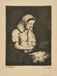 Young woman with head bent, seen from the right