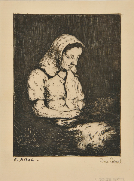 YOUNG WOMAN WITH HEAD BENT, SEEN FROM THE RIGHT