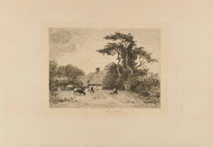 Farmyard with two cows and a woman bending over
