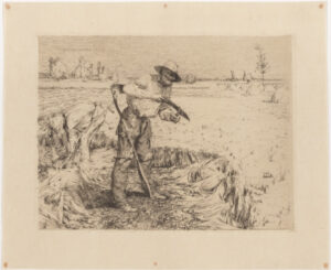 Faucheur Aiguisant Sa Faux. Published in L’Eau-Forte en 1879.
