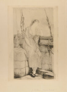 Woman leaning on the side of a boat, looking to shore
