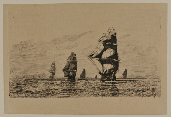 Seascape with Six Boats Sailing near a Mountainous Land