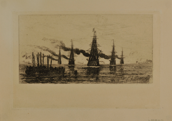 Seascape with Five Large Sailing Vessels and One Small Sailboat