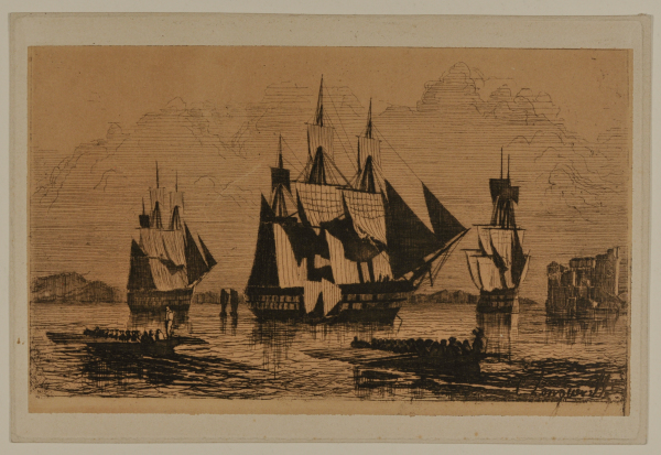 Seascape with Three Large Boats and Two Rowboats