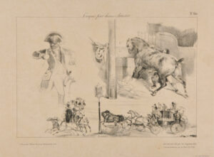Croquis par divers Artistes: No. 60: Man on Horseback; Horse Rebelling, Two Carriages