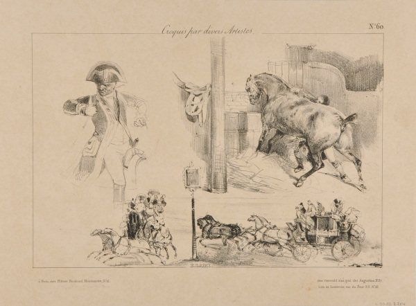 CROQUIS PAR DIVERS ARTISTES: NO. 60: MAN ON HORSEBACK; HORSE REBELLING, TWO CARRIAGES