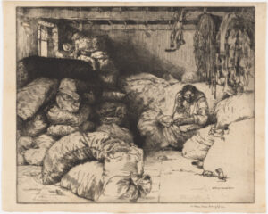 Man in Storeroom with Bags of Goods