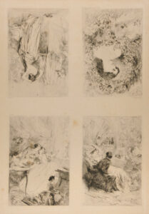 Frontispiece and three illustrations to “Les Aventures de Mademoiselle Mariette” by Champfleury