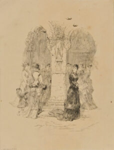 Woman in black standing apart from a crowd of women entering a church