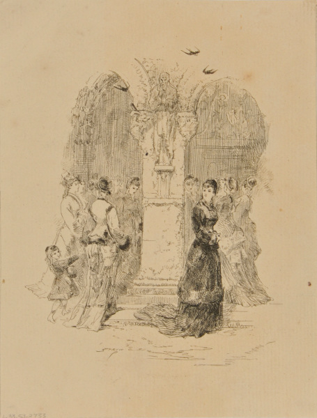 Woman in black standing apart from a crowd of women entering a church