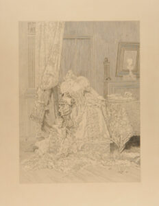 Woman watching a child playing with a dog