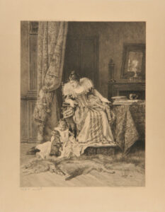 Woman watching a child playing with a dog