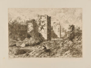 Landscape: Man Sitting with Head Bent near Ruined Towers