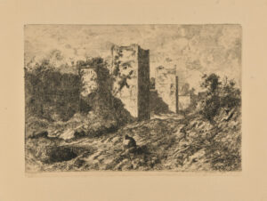 Landscape: Man Sitting with Head Bent near Ruined Towers