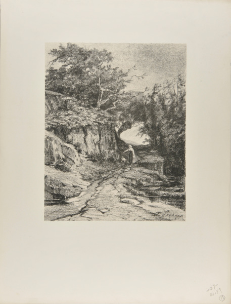 Woman with a dog, walking along a path