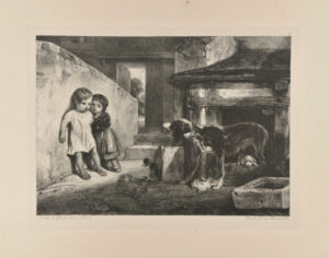 Une chienne montre les dents à deux petits enfants effrayés