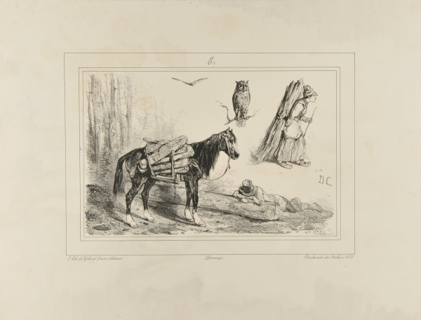 SKETCHES OF MAN SLEEPING ON A LOG NEAR HIS HORSE, AN OWL, AND A WOMAN CARRYING A BUNDLE OF WOOD