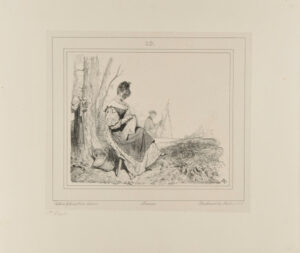 Sketch of woman sewing and man painting outdoors